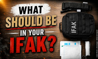 Black small medical bag with supplies and a tourniquet at right on a wood table and a large headline at left What Should Be In Your IFAK?