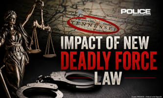 Graphic for a POLICE Magazine article on Tennessee’s new deadly force law, featuring Lady Justice, handcuffs, a Tennessee map with Nashville highlighted, and the headline “Impact of New Deadly Force Law.”