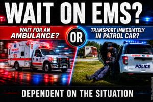 Graphic comparing EMS transport options: an ambulance responding with emergency lights versus police officers assisting an injured person into a patrol vehicle. Headline asks whether to wait for EMS or transport immediately, noting the decision depends on the situation.