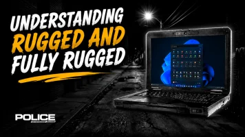 POLICE Magazine graphic featuring a Panasonic Toughbook rugged laptop against a dark urban background, with the headline “Understanding Rugged and Fully Rugged” in bold white and yellow lettering.