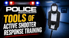 Promotional graphic for law enforcement training featuring a police vehicle with flashing lights, a humanoid shooting target, and bold text highlighting tools and equipment used for active shooter response training.
