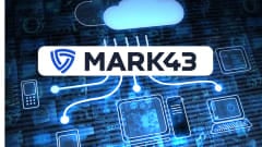 Mark43 logo over a blue digital technology background featuring a cloud and connected computer, laptop, smartphone, and other device icons.