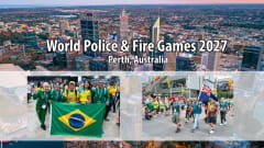 Graphic promoting the 2027 World Police & Fire Games in Perth, Australia, featuring an aerial city view and photos of international participants carrying Brazilian and Australian flags.