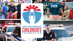Collage featuring paramedics, firefighters, police officers, and emergency vehicles surrounding the First Responders Children’s Foundation logo, highlighting the organization’s support for families of first responders.