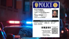 Sample Georgia police officer identification card featuring a chief’s photograph, badge, credentials, barcode, and QR code, displayed over a nighttime police vehicle with flashing red and blue emergency lights.