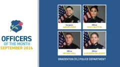 Bradenton, Florida, Police Department’s September 2026 Officers of the Month: Sergeant Andres Perez and Officers Rosey Bautista, Michael Wall, and Alexandra Fallacaro, pictured in uniform beside American flags.