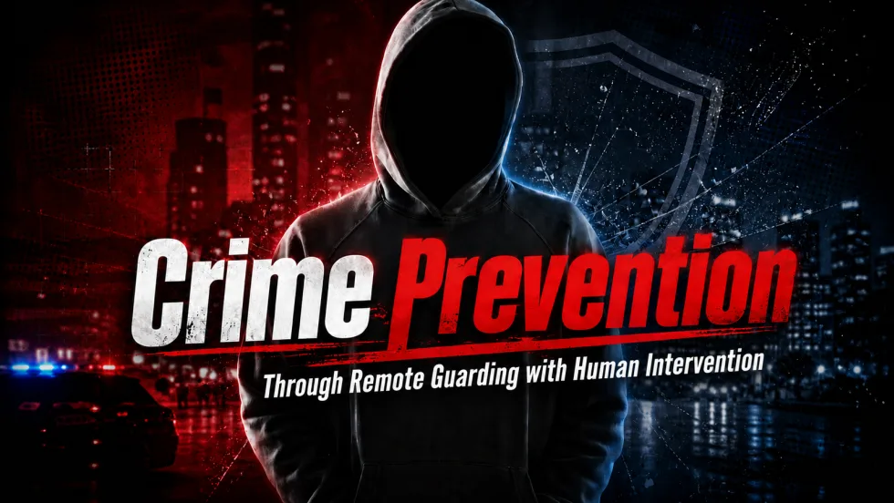 Graphic depicting crime prevention, featuring a shadowed hooded figure against a dark city backdrop with police lights and shield imagery. Text reads: “Crime Prevention Through Remote Guarding with Human Intervention.”