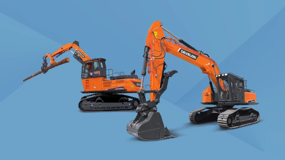 Two orange Develon tracked forestry machines, including a log loader lifting a large tree and a road builder with reinforced cab, displayed on a blue background.