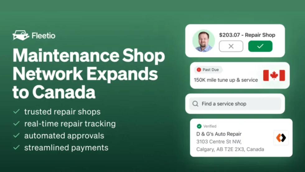 Graphic announcing Fleetio’s Maintenance Shop Network expansion into Canada, featuring icons for repair approvals, shop search, and verified service providers.