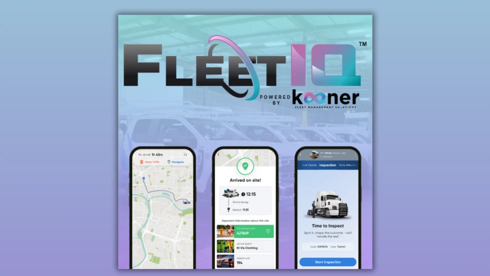 FleetIQ by Kooner Fleet Management Solutions graphic showing the FleetIQ logo and mobile app interface with map navigation, technician arrival, and vehicle inspection screens.