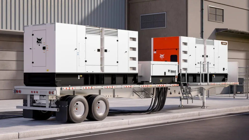 Bobcat PG1140 portable generator on a trailer, featuring dual generator units and heavy-duty power cabling for fleet and worksite power needs.