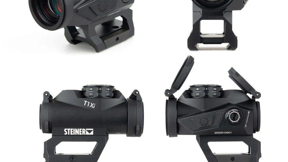white background with four views of a rifle red dot sight.