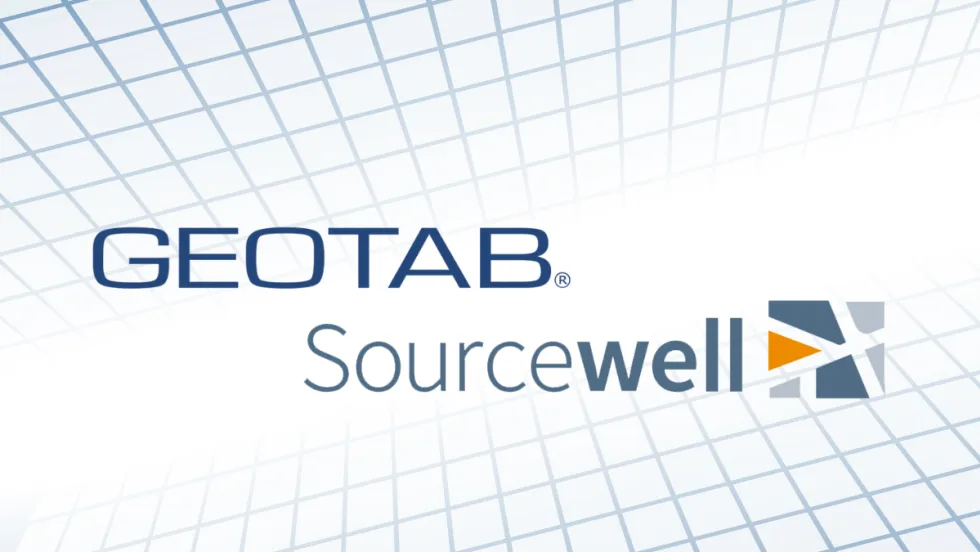 Graphic showing Geotab and Sourcewell logos on a light background with grid lines, indicating a cooperative purchasing agreement for public sector fleet solutions.