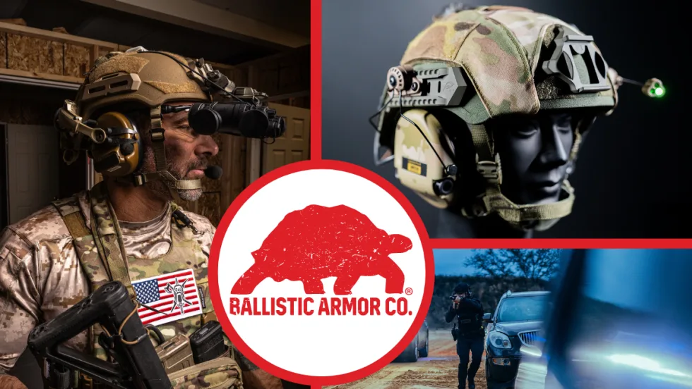 three background images - man in tactical gear, image of ballistic helmet, photo of police officer in tactical gear approaching a car, and a circle with logo for Ballistic Armor Co.