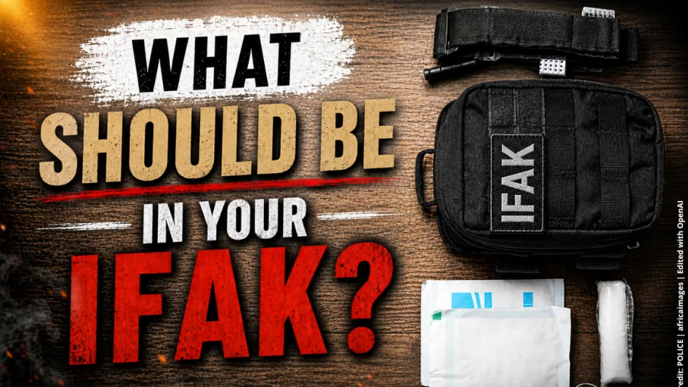 Black small medical bag with supplies and a tourniquet at right on a wood table and a large headline at left What Should Be In Your IFAK?