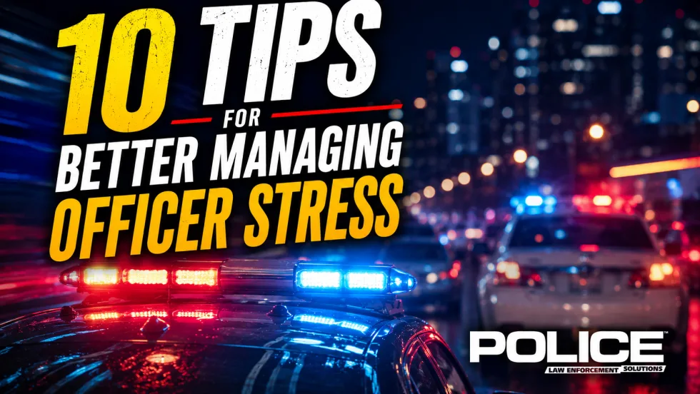 Graphic showing flashing police lights on patrol cars at night with bold headline text reading “10 Tips for Better Managing Officer Stress” against a blurred urban background.