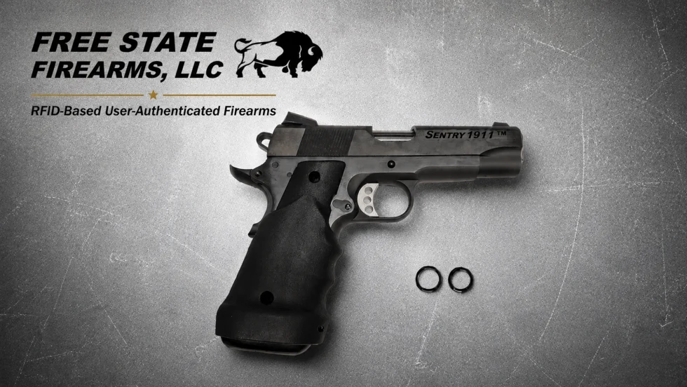 Promotional image for Free State Firearms, LLC featuring a Sentry 1911 handgun displayed on a textured industrial metal background. The firearm is shown at an angle with two black RFID rings placed nearby, emphasizing secure RFID-based user authentication technology. The company logo and buffalo icon appear in the upper left corner, with the headline “RFID-Based User-Authenticated Firearms” beneath it in a clean, modern style.