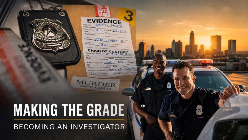 image showing two police officers beside a patrol car at sunset, overlaid with a police badge and evidence file. Bold text reads “Making the Grade” with subhead “Becoming an Investigator.”