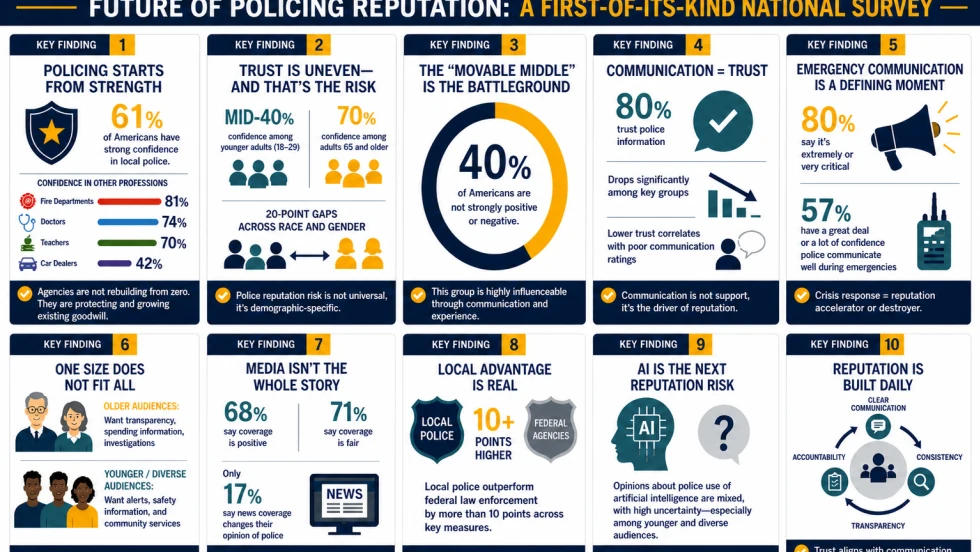 Infographic summarizing results from a national survey on policing reputation. Ten key findings cover public trust, communication, demographics, media influence, local policing, AI concerns, and emergency response, using charts, icons, and statistics throughout.