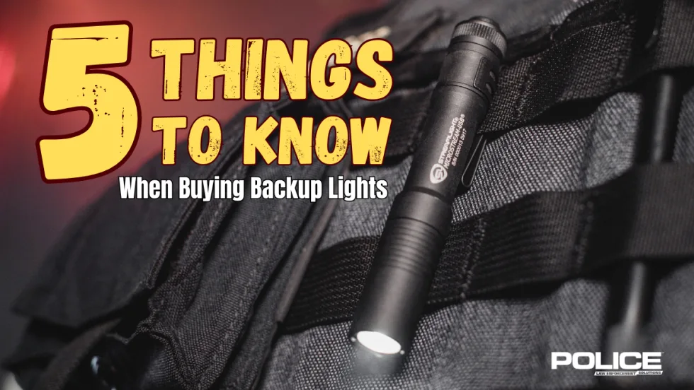 Graphic titled “5 Things to Know When Buying Backup Lights” featuring a compact Streamlight flashlight attached to tactical gear. Police Law Enforcement Solutions branding appears in the lower corner against a dark, dramatic background.