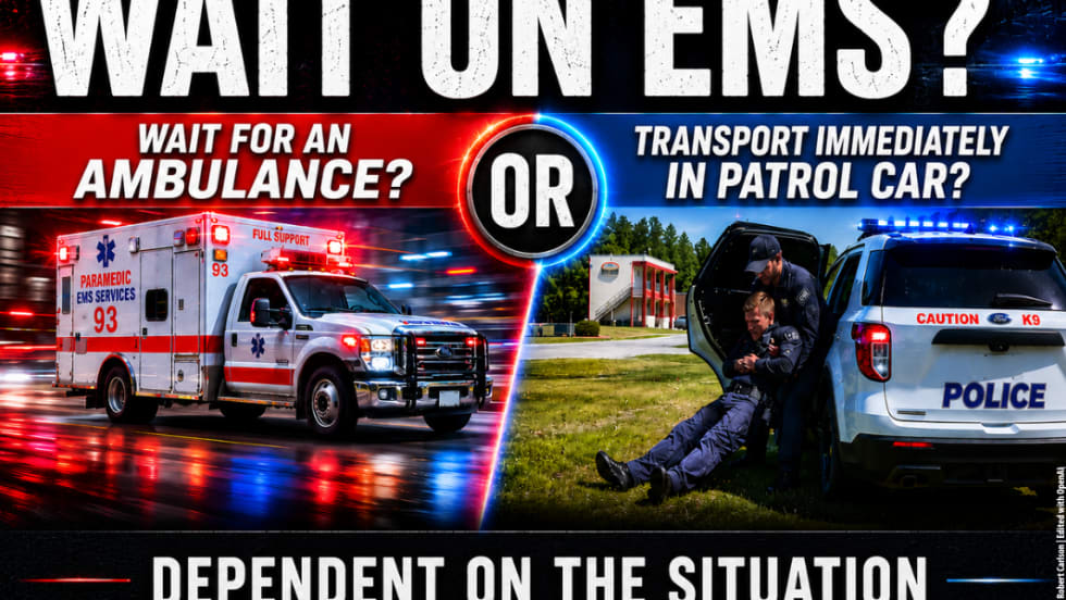 Graphic comparing EMS transport options: an ambulance responding with emergency lights versus police officers assisting an injured person into a patrol vehicle. Headline asks whether to wait for EMS or transport immediately, noting the decision depends on the situation.