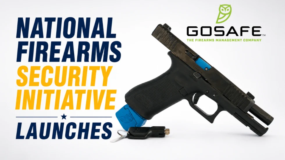 Graphic announcing the launch of the National Firearms Security Initiative, featuring the GoSafe logo, a partially disassembled handgun with blue safety components, and a key device, alongside bold blue and yellow headline text.