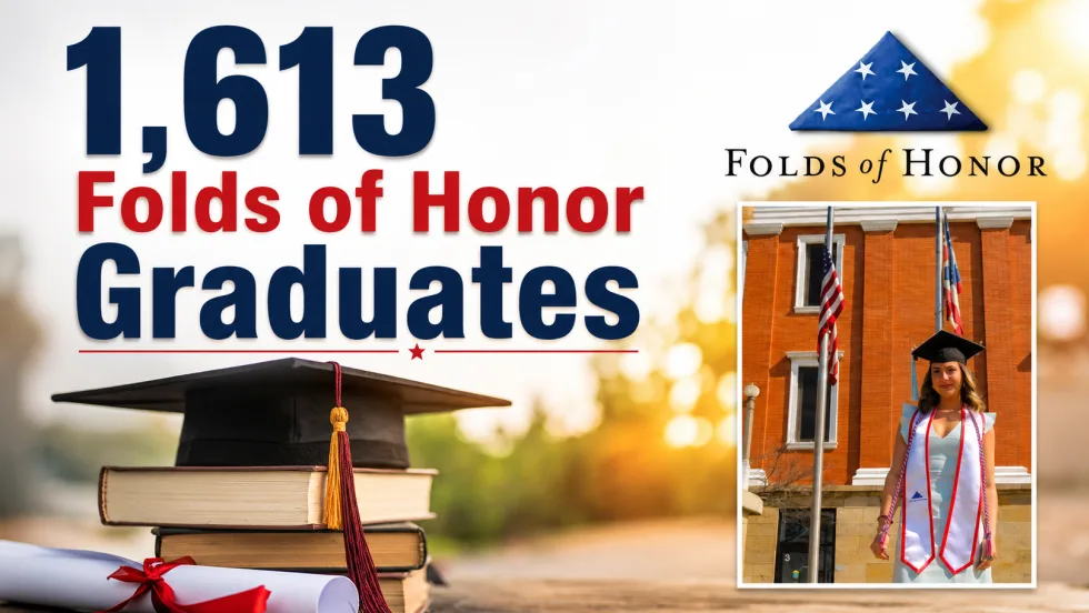 Graphic celebrating 1,613 Folds of Honor graduates, featuring graduation books, a diploma, a mortarboard cap, the Folds of Honor logo, and an inset photo of a graduate standing in front of a campus building.