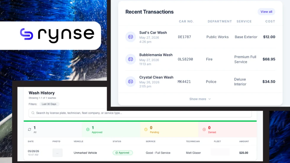 Screenshot of the Rynse fleet vehicle wash management platform, showing recent wash transactions, service costs, vehicle records, and wash history dashboards used to track, approve, and manage fleet cleaning services.