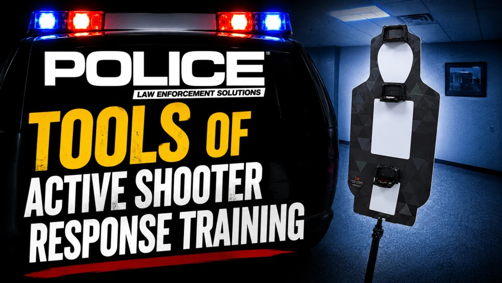 Promotional graphic for law enforcement training featuring a police vehicle with flashing lights, a humanoid shooting target, and bold text highlighting tools and equipment used for active shooter response training.