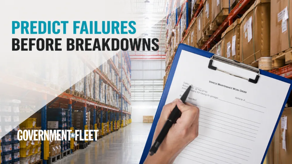 Graphic featuring the headline "Predict Failures Before Breakdowns" over a warehouse background with a vehicle maintenance work order on a clipboard, illustrating the role of maintenance data in preventing fleet downtime.