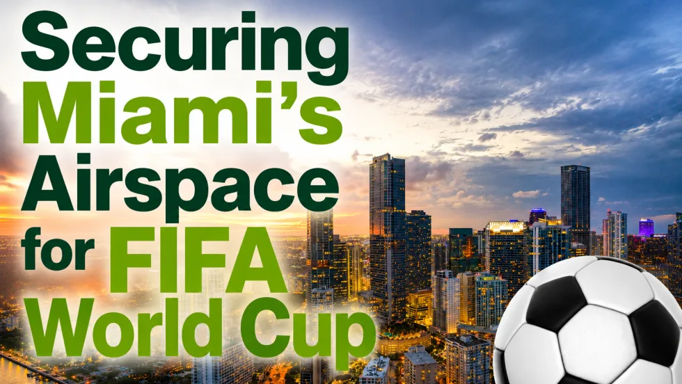 Graphic promoting airspace security for the FIFA World Cup, featuring the Miami skyline at sunset with large text reading “Securing Miami’s Airspace for FIFA World Cup” and a soccer ball in the foreground.