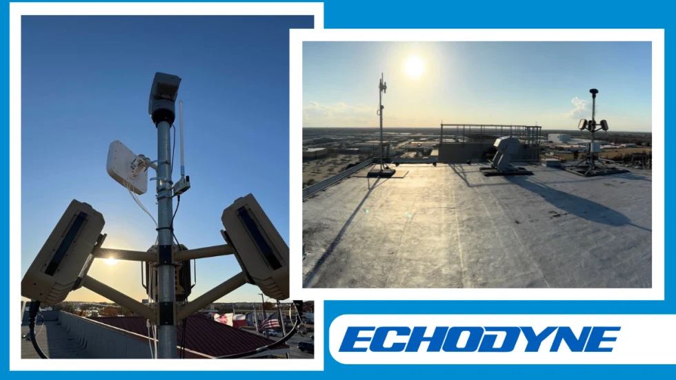 Collage showing rooftop surveillance and radar equipment installed on commercial buildings. One image features a close-up of mounted sensors and antennas; the other shows multiple monitoring systems across a rooftop. Echodyne logo displayed prominently below.