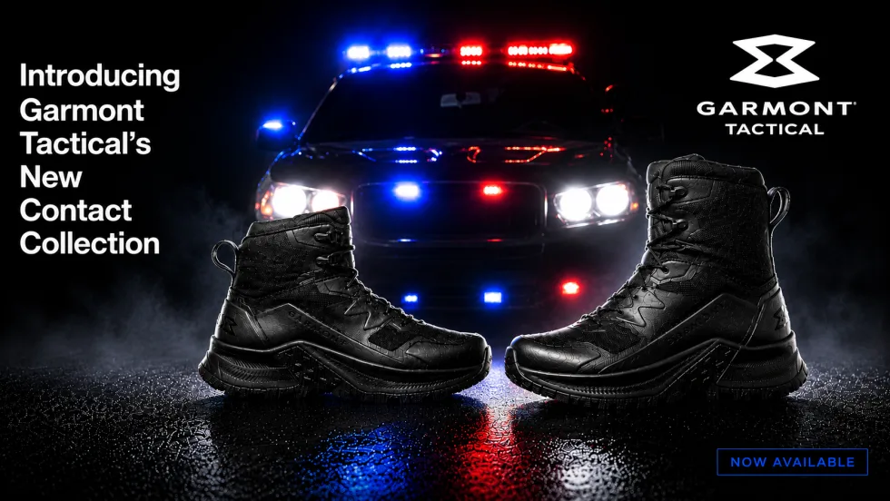 Promotional image for Garmont Tactical’s Contact Collection featuring black tactical boots displayed in front of a police vehicle with flashing red and blue emergency lights. Text announces the new collection and notes it is now available.