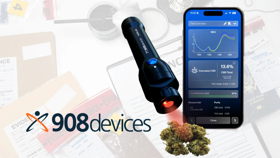 908 Devices handheld analyzer and mobile app display cannabis testing results, with evidence collection materials and cannabis samples in the background, highlighting portable field identification technology for law enforcement and forensic investigations.
