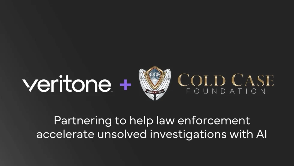 Veritone and Cold Case Foundation announce a partnership to help law enforcement accelerate unsolved criminal investigations using AI, displayed with both organizations’ logos on a dark background.