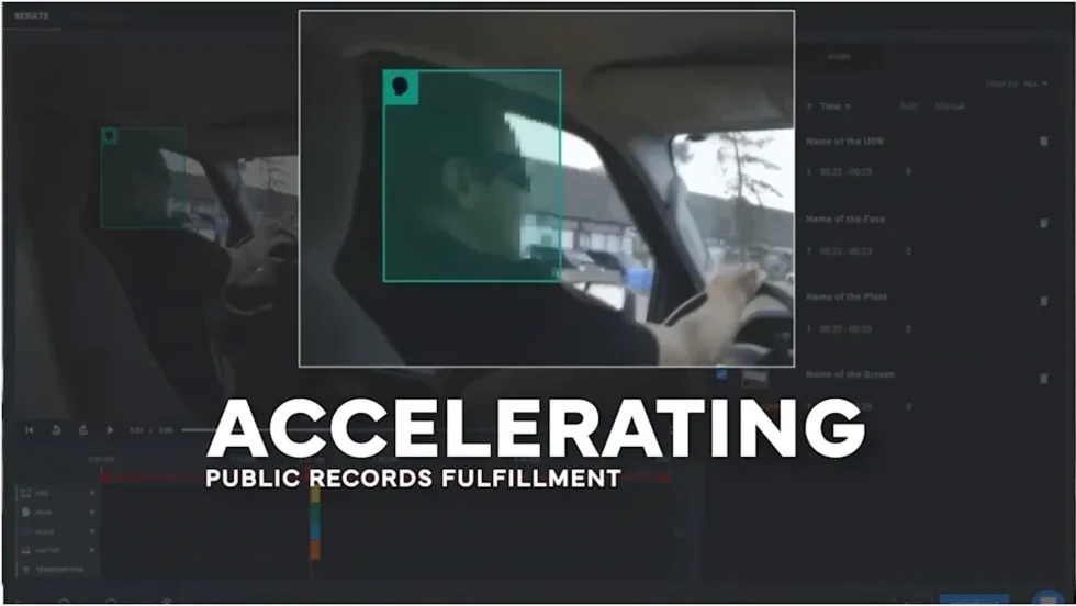 Screenshot of Veritone Redact software automatically detecting and obscuring a driver's face in dashcam video. Headline reads, “Accelerating Public Records Fulfillment,” highlighting AI-powered video redaction for public safety agencies.