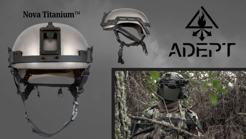 Composite image of ADEPT's Nova Titanium tactical helmet, showing front and side views alongside a soldier wearing the helmet in the field, highlighting lightweight ballistic protection for military and tactical applications.