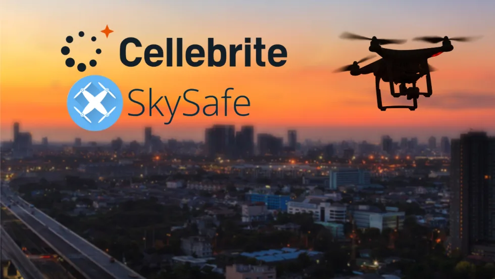 Cellebrite and SkySafe logos appear over a city skyline at sunset with a drone in flight, illustrating a partnership focused on drone detection, investigation, and public safety technology.