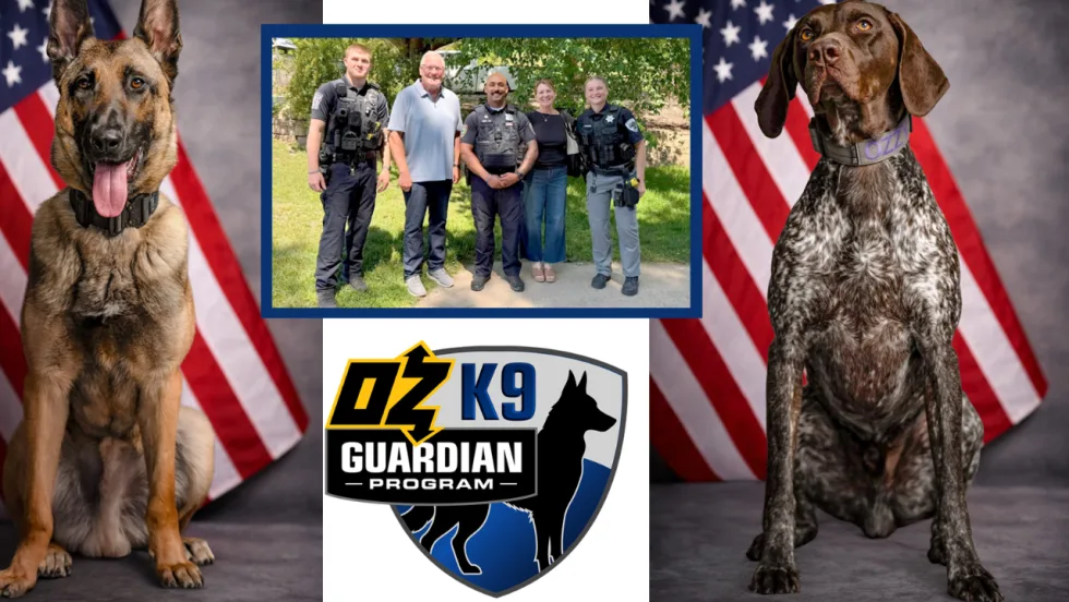 Graphic promoting the OZ K9 Guardian Program, featuring two working dogs, a group of law enforcement officers, and the program logo against American flag backgrounds, highlighting support for police K-9 teams.
