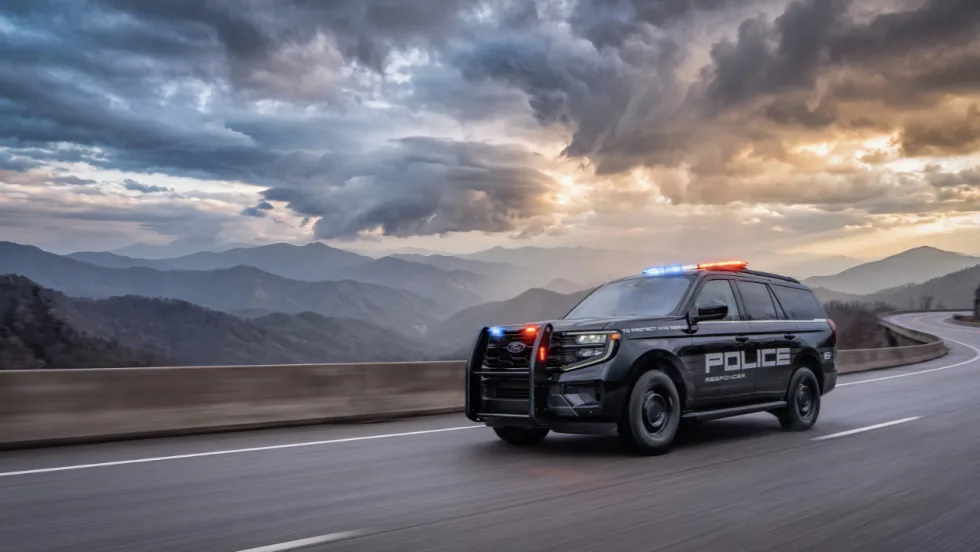 Ford Expedition police responder SUV drives along a winding mountain highway with red and blue emergency lights flashing beneath a dramatic cloudy sky.