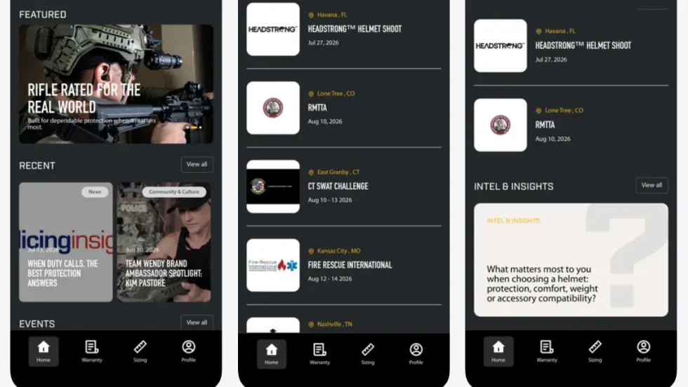 Three smartphone screens display the Team Wendy community app, featuring tactical gear content, upcoming events, news, surveys, and navigation tools for warranty, sizing, and user profiles.