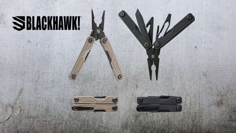 BLACKHAWK! Mini EDC multitools displayed in tan and black, showing open pliers, knives, and other tools alongside their folded configurations against a textured gray background with the BLACKHAWK! logo.