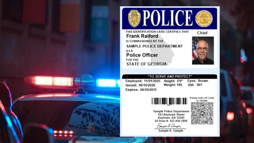Sample Georgia police officer identification card featuring a chief’s photograph, badge, credentials, barcode, and QR code, displayed over a nighttime police vehicle with flashing red and blue emergency lights.