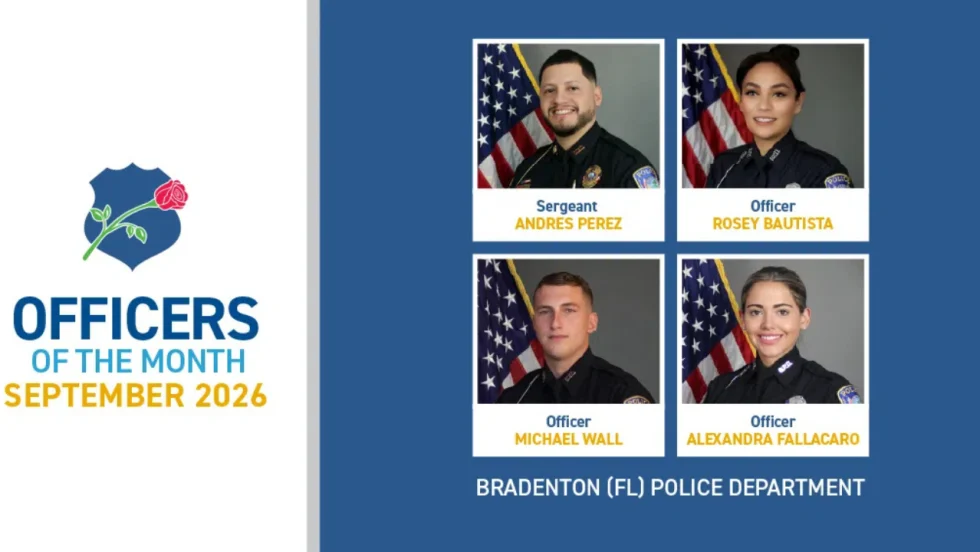 Bradenton, Florida, Police Department’s September 2026 Officers of the Month: Sergeant Andres Perez and Officers Rosey Bautista, Michael Wall, and Alexandra Fallacaro, pictured in uniform beside American flags.