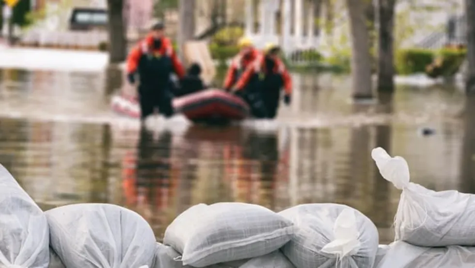 Rescuers dragging a boat duing a flood