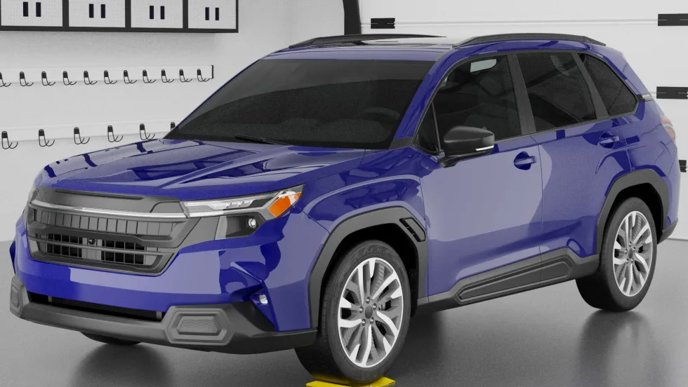 Blue SUV parked in garage with front tire on yellow wheel spotting dish, demonstrating precise positioning aid for vehicle service and lift alignment.