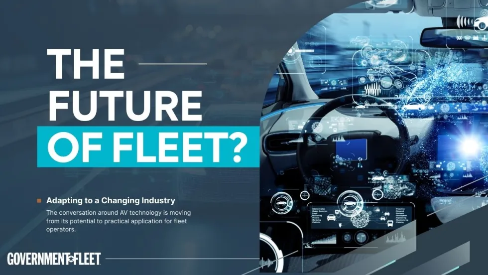 The text 'the future of fleet' with an image of an autonomous car on the road and the GF logo. 