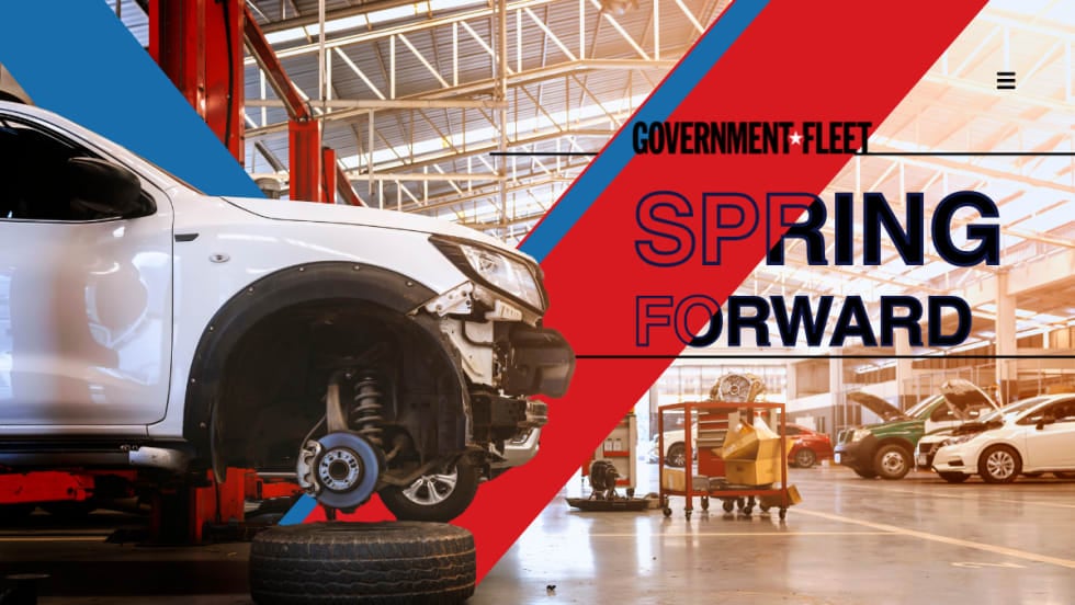 Government Fleet graphic with copy 'spring forward' and auto shop.