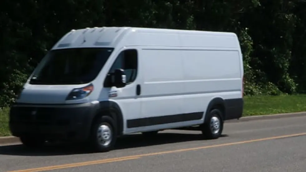 White cargo van driving on a paved road with trees and greenery in the background.