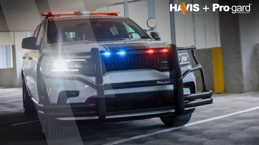 Cop car with the Havis and Pro-gard logo overlay